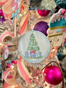 Blue & White Round Ornament with Christmas Tree