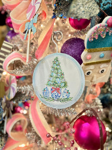 Blue & White Round Ornament with Christmas Tree