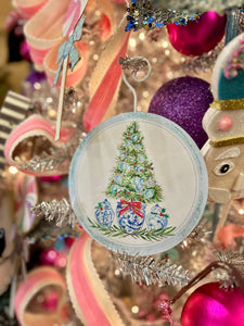 Blue & White Round Ornament with Christmas Tree