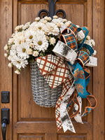 Load image into Gallery viewer, Fall White Mums Florals in Gray Basket with Large Copper, Teal, and White Bow
