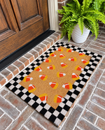Load image into Gallery viewer, Checkered Black and White Bordered Candy Corn Coir Door Rug
