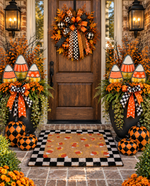 Load image into Gallery viewer, Checkered Black and White Bordered Candy Corn Coir Door Rug

