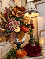 Load image into Gallery viewer, Fall Mixed Dusty Mauve, Cream Hydrangeas, and Copper Stems in White Ceramic Pot
