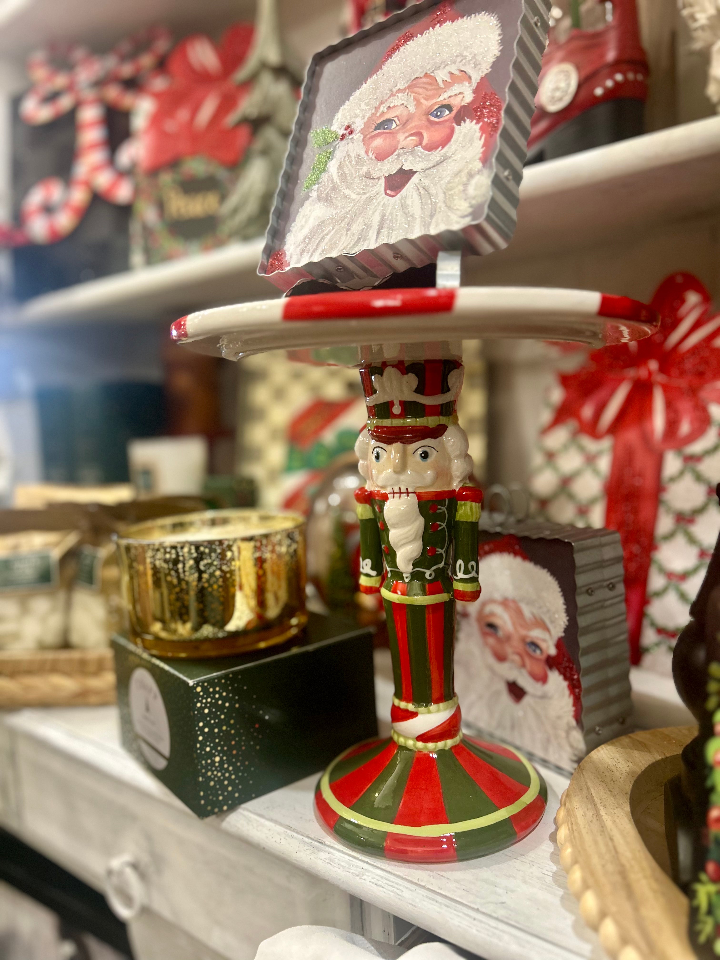 Nutcracker Cake Plate Stand Dolomite Red, Green, and White Riser