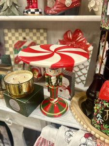 Nutcracker Cake Plate Stand Dolomite Red, Green, and White Riser