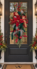 Load image into Gallery viewer, Checkered Black White, Emerald, and Red Poinsettia Swag with Bells
