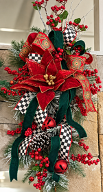 Load image into Gallery viewer, Checkered Black White, Emerald, and Red Poinsettia Swag with Bells
