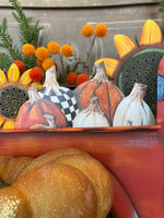 Load image into Gallery viewer, Pile of Orange/White Pumpkins with Black &amp; White Check Pumpkin Metal Stake and Easel
