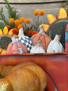 Pile of Orange/White Pumpkins with Black & White Check Pumpkin Metal Stake and Easel