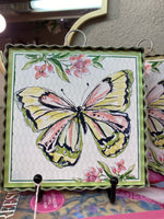 Load image into Gallery viewer, Green, Yellow, &amp; Pink Butterfly Galvanized Framed Mini Print with Floral Accents
