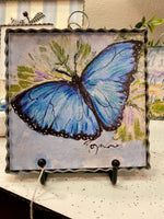 Load image into Gallery viewer, Blue Butterfly Galvanized Framed Mini Print with Floral Accents
