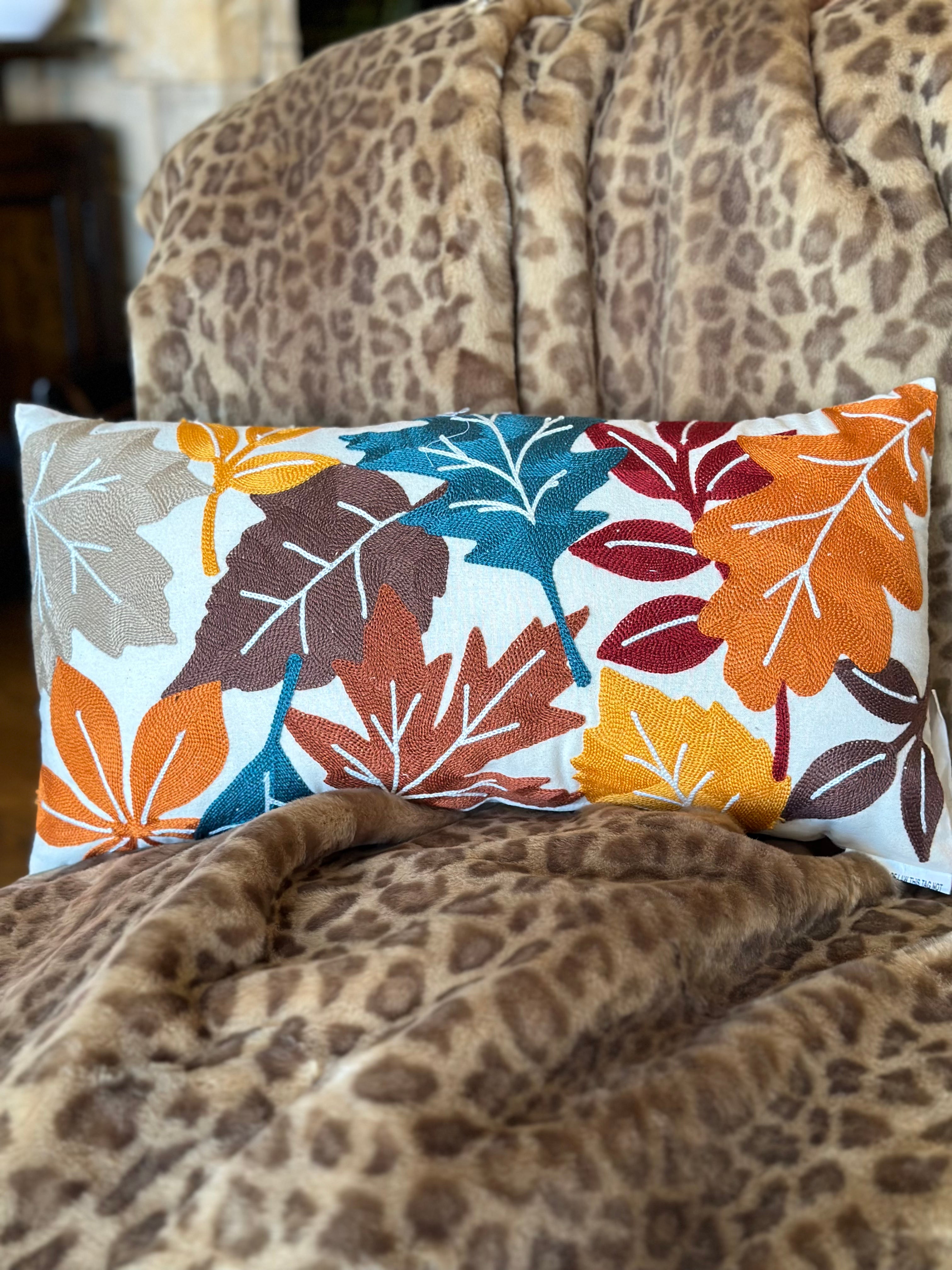 Autumn/Fall Leaves Pillow Teal, Burgundy, Gold