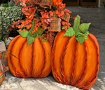 Load image into Gallery viewer, Large Orange Set of 2 Large Ribbon Pumpkins with Metal Stake and Easels
