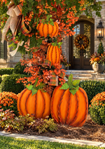 Load image into Gallery viewer, Large Orange Set of 2 Large Ribbon Pumpkins with Metal Stake and Easels
