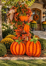 Load image into Gallery viewer, Large Orange Set of 2 Large Ribbon Pumpkins with Metal Stake and Easels
