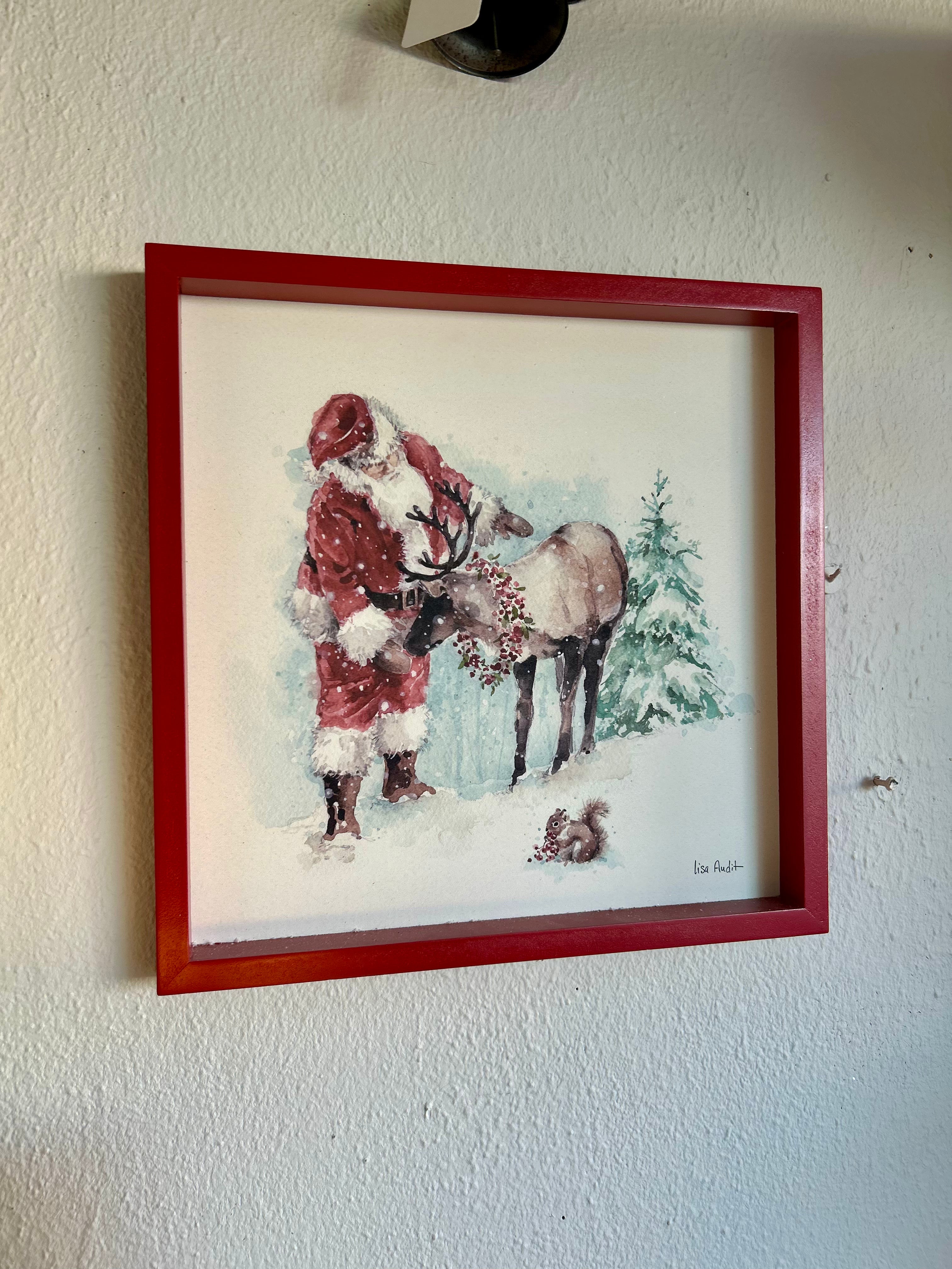 Santa Clause & Reindeer Picture Framed Red