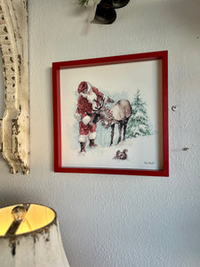 Santa Clause & Reindeer Picture Framed Red