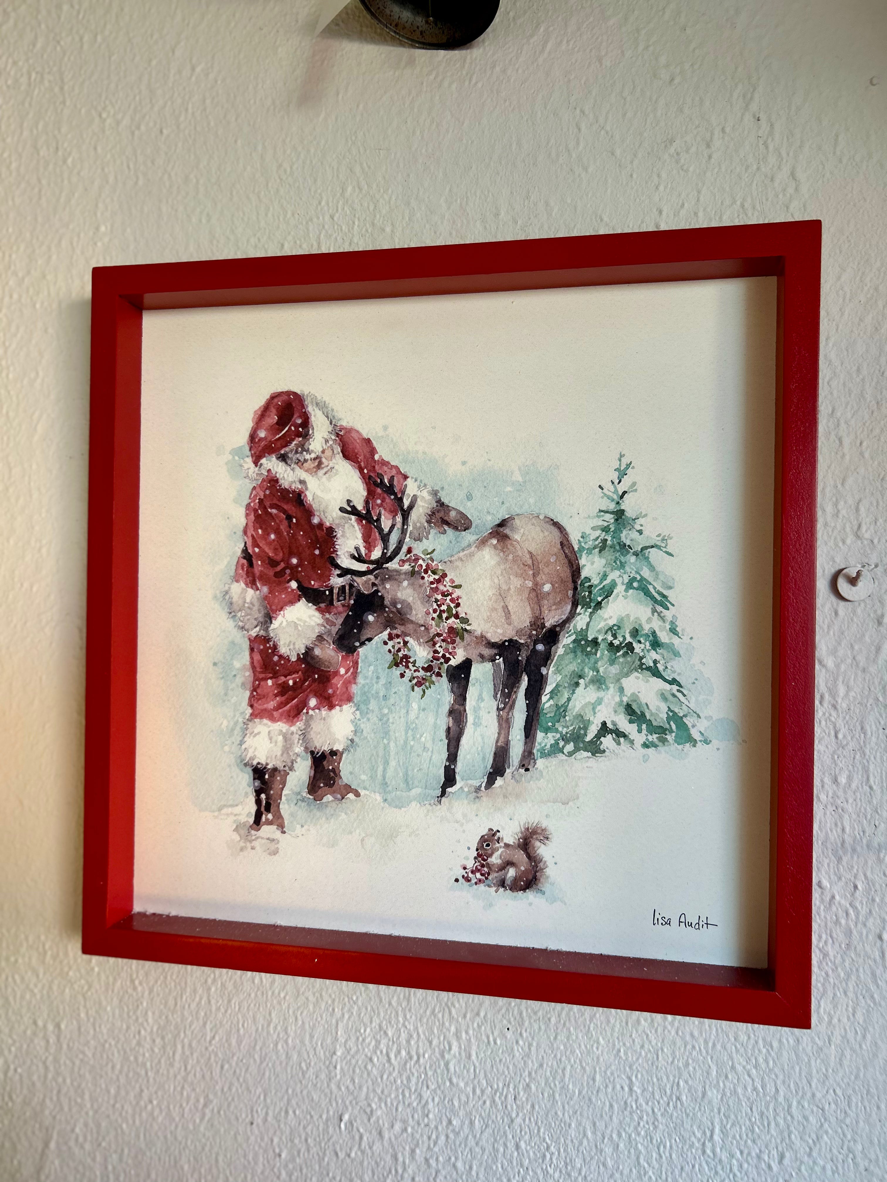 Santa Clause & Reindeer Picture Framed Red