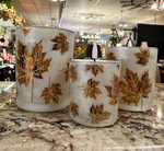 Load image into Gallery viewer, Autumn Nights Set of 3 Frosted LED Candles Gold Leaf Pattern
