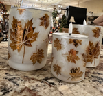 Load image into Gallery viewer, Autumn Nights Set of 3 Frosted LED Candles Gold Leaf Pattern
