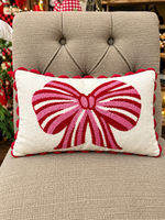 Load image into Gallery viewer, Bow Pillow Pink, Red, and White Ribbon Candy Pattern Christmas Pillow
