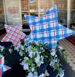 Load image into Gallery viewer, Americana: Large Plaid Blue Star and Small Plaid Red Star Metal Stakes
