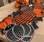 Load image into Gallery viewer, Halloween Orange &amp; Black Table Runner 36” Pumpkins, Bats, Spiders Black Cat Pattern

