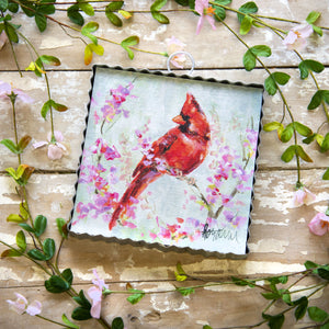 Red Cardinal with Pink Flowers Galvanized Framed Mini Pic