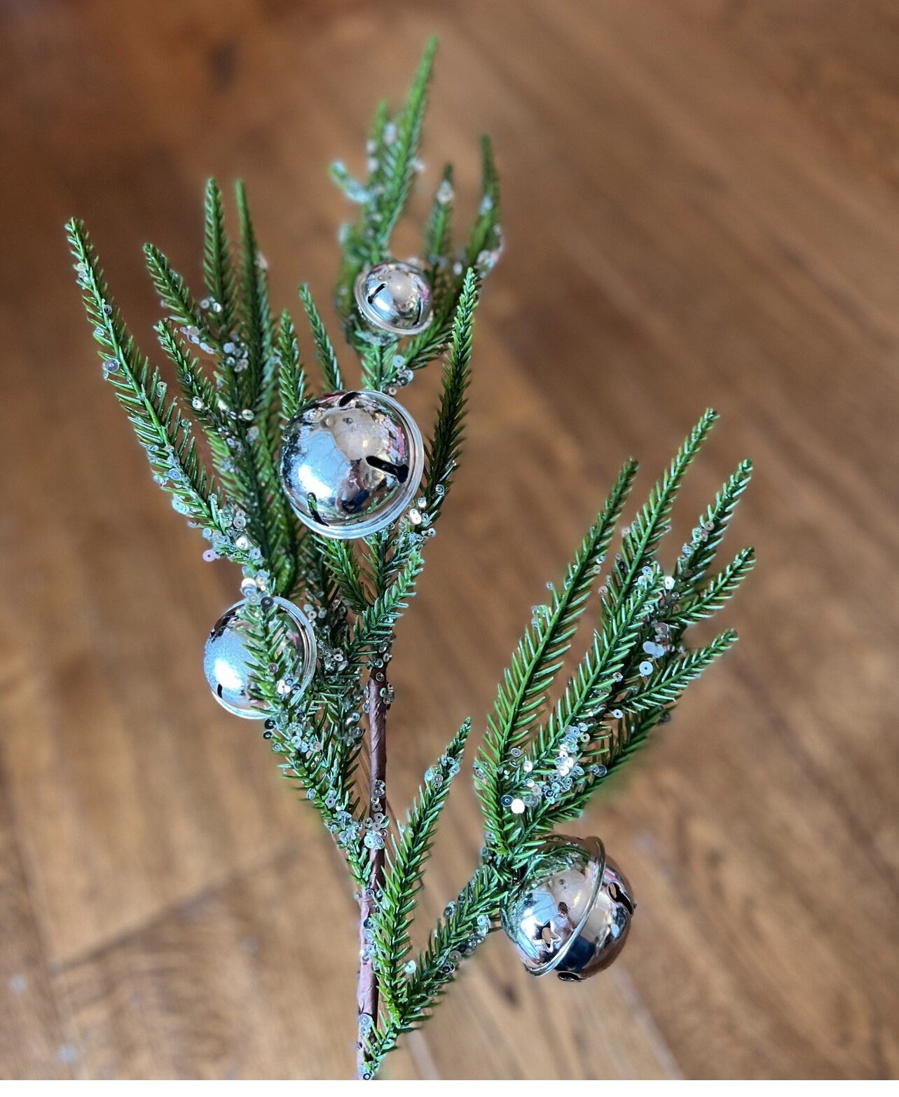 Pine Greenery Stem with Silver Bells and Sequins Pack of 3