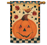 Load image into Gallery viewer, Large Jack O' Lantern Outdoor Flag with Check And Polka Dot Border

