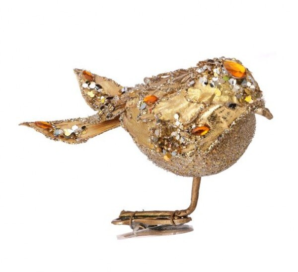 Gold Jeweled Bird Clip Ornament 4.5”