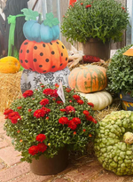 Load image into Gallery viewer, Pumpkins Topiary Stack Blue, Gray Floral, Orange Polka Dots Metal Stake
