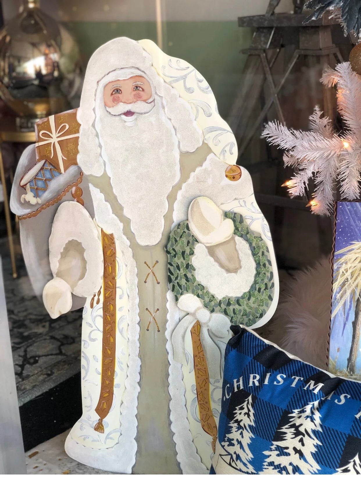 Santa Claus White and Gold Saint Nicholas Metal Shimmering Stake 33.5”h