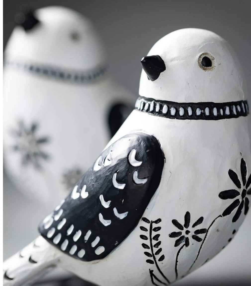 Painted Black and White Folk Art Birds Set of 2