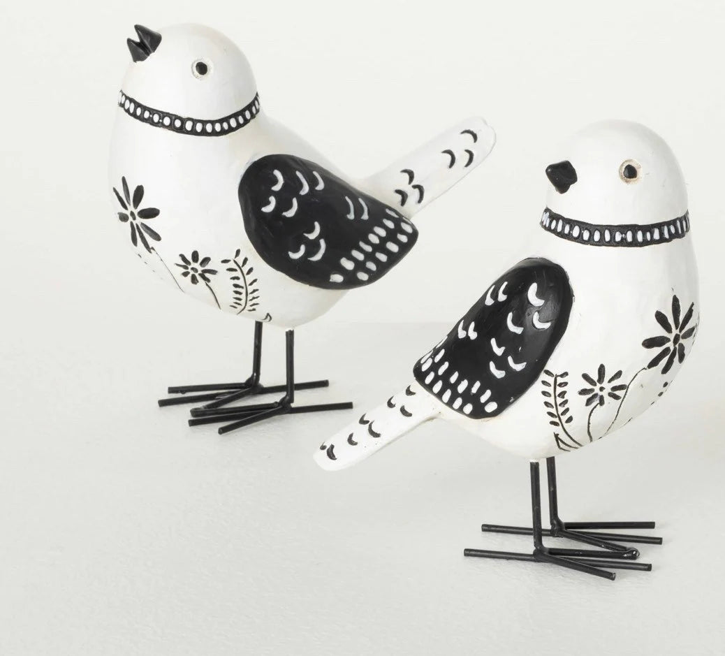 Painted Black and White Folk Art Birds Set of 2