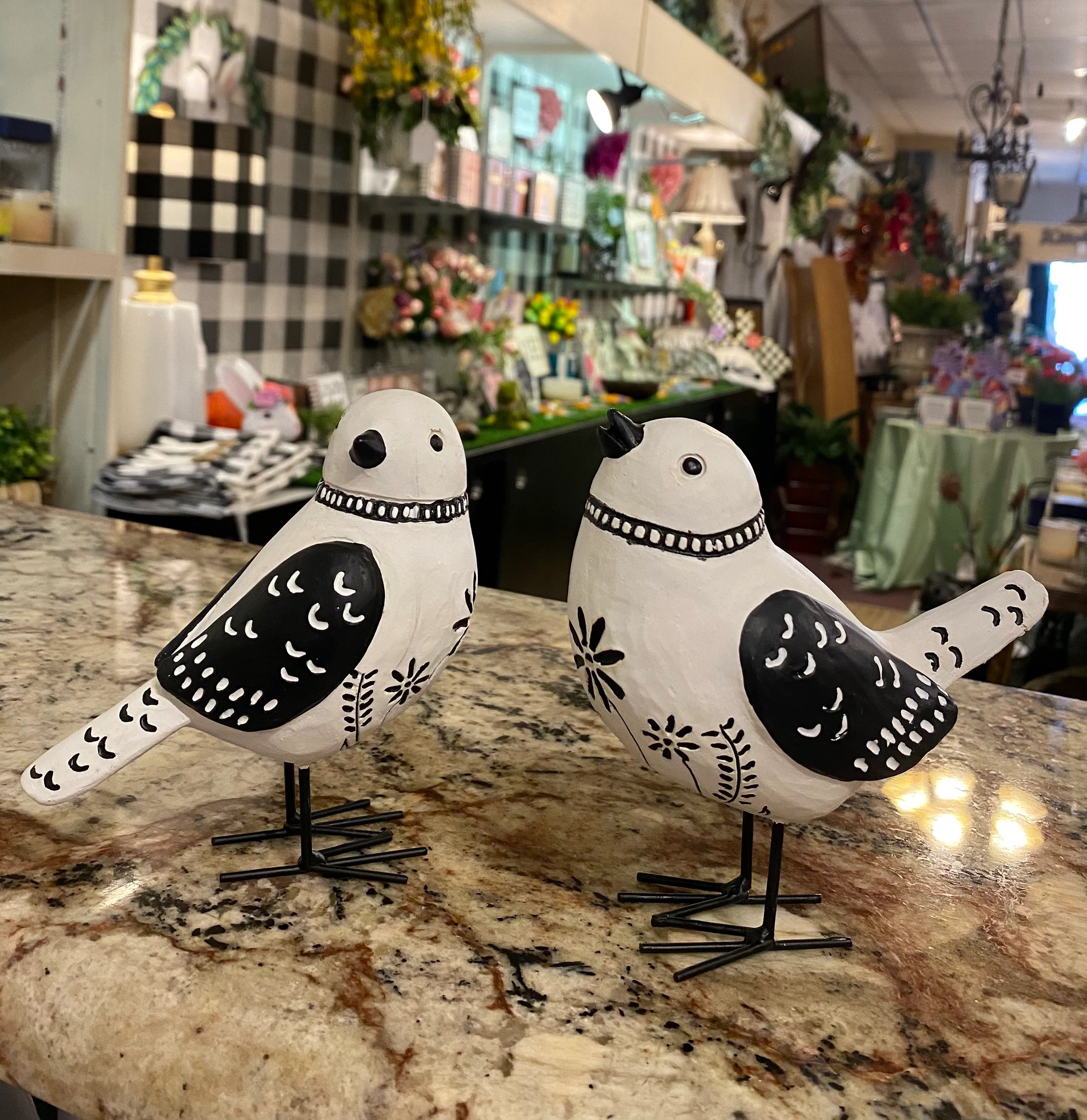 Painted Black and White Folk Art Birds Set of 2