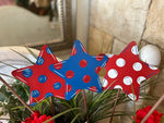 Load image into Gallery viewer, Americana Polka Dot Stars Set of 3 Red, White and Blue Metal Stakes
