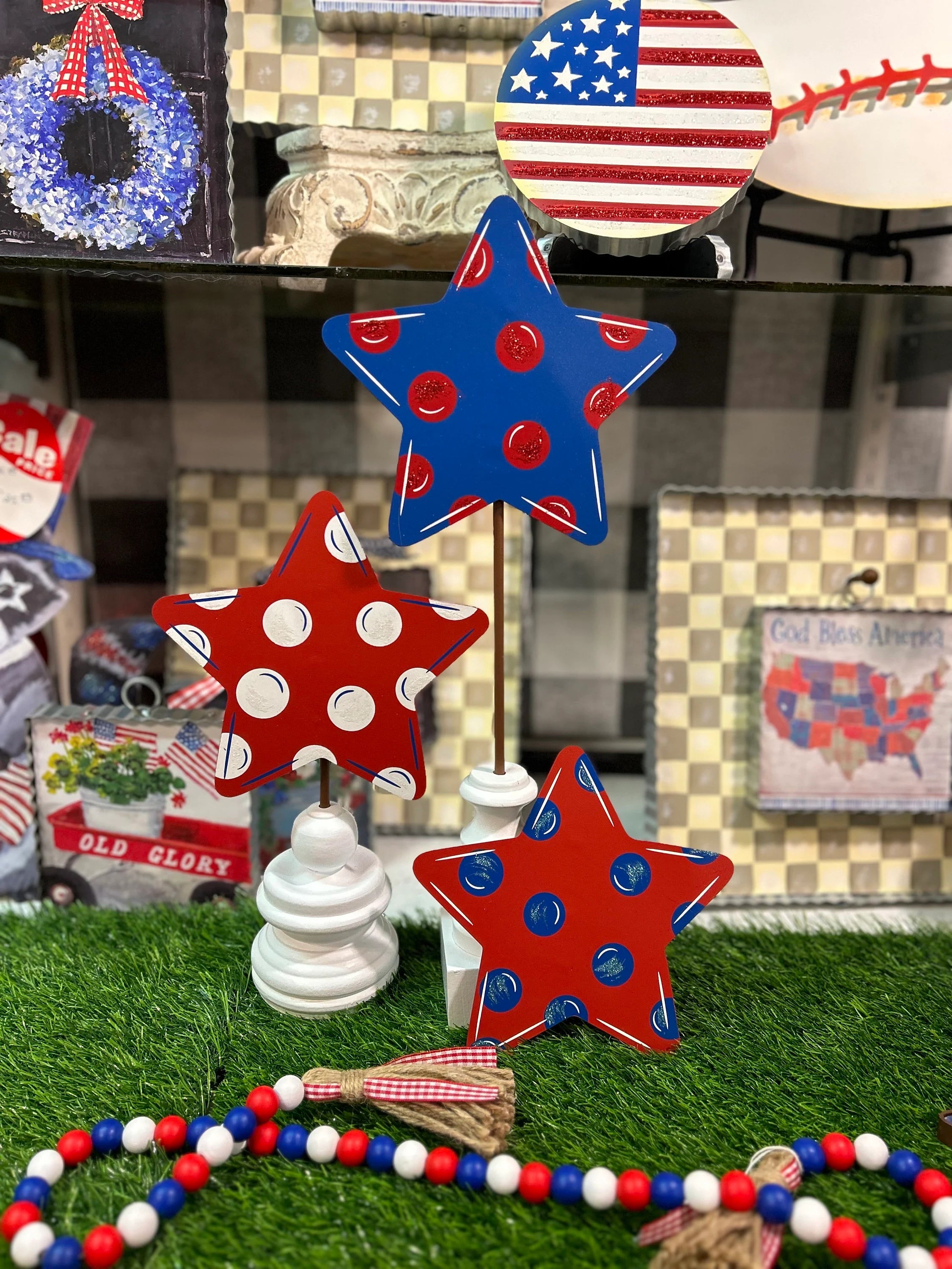 Americana Polka Dot Stars Set of 3 Red, White and Blue Metal Stakes