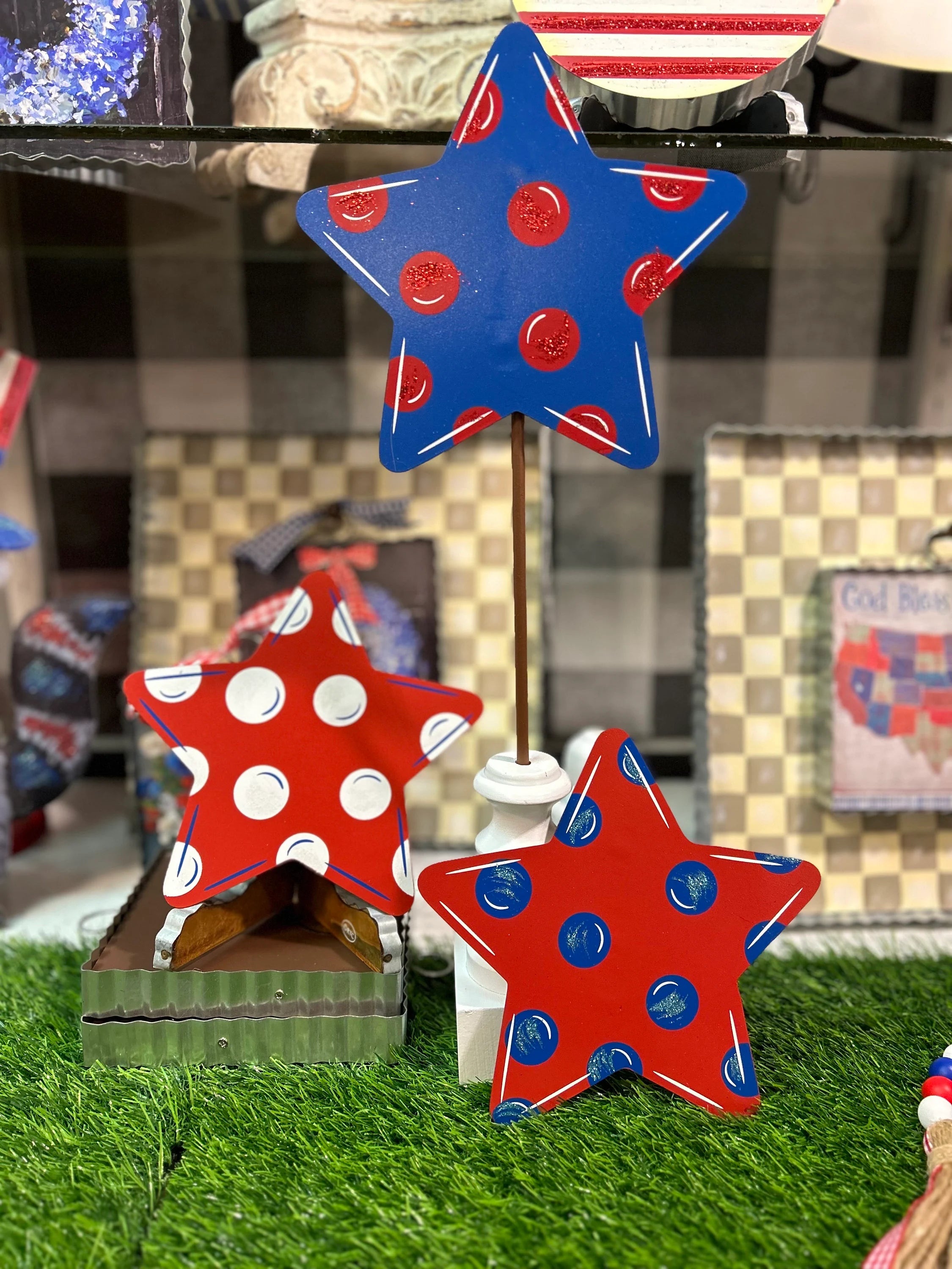 Americana Polka Dot Stars Set of 3 Red, White and Blue Metal Stakes