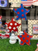 Load image into Gallery viewer, Americana Polka Dot Stars Set of 3 Red, White and Blue Metal Stakes
