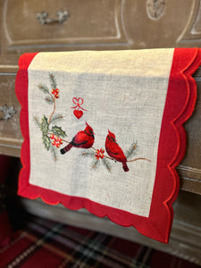 Christmas Linen Burlap With Red Cardinals and Border Table Runner