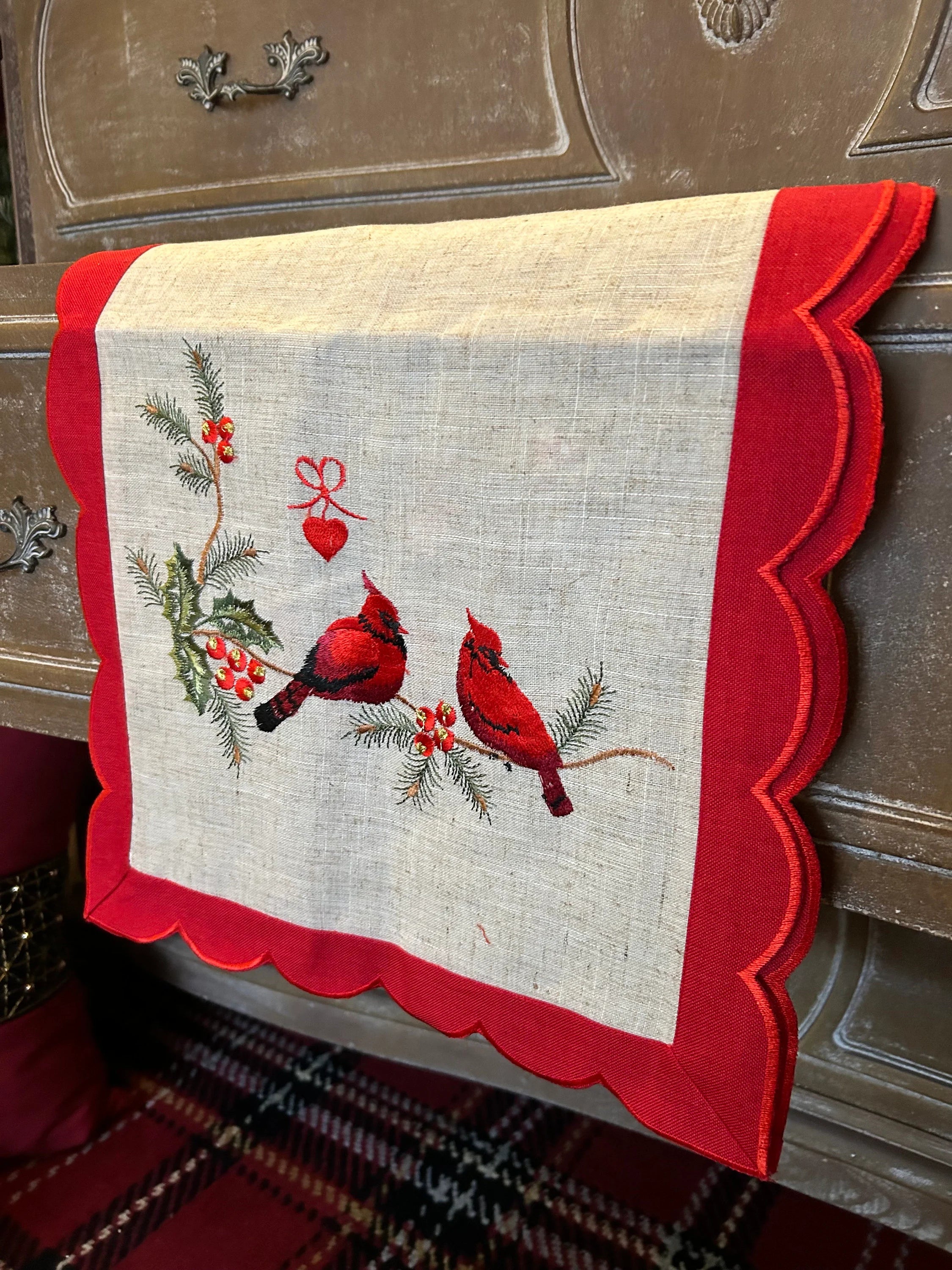 Christmas Linen Burlap With Red Cardinals and Border Table Runner