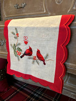 Load image into Gallery viewer, Christmas Linen Burlap With Red Cardinals and Border Table Runner
