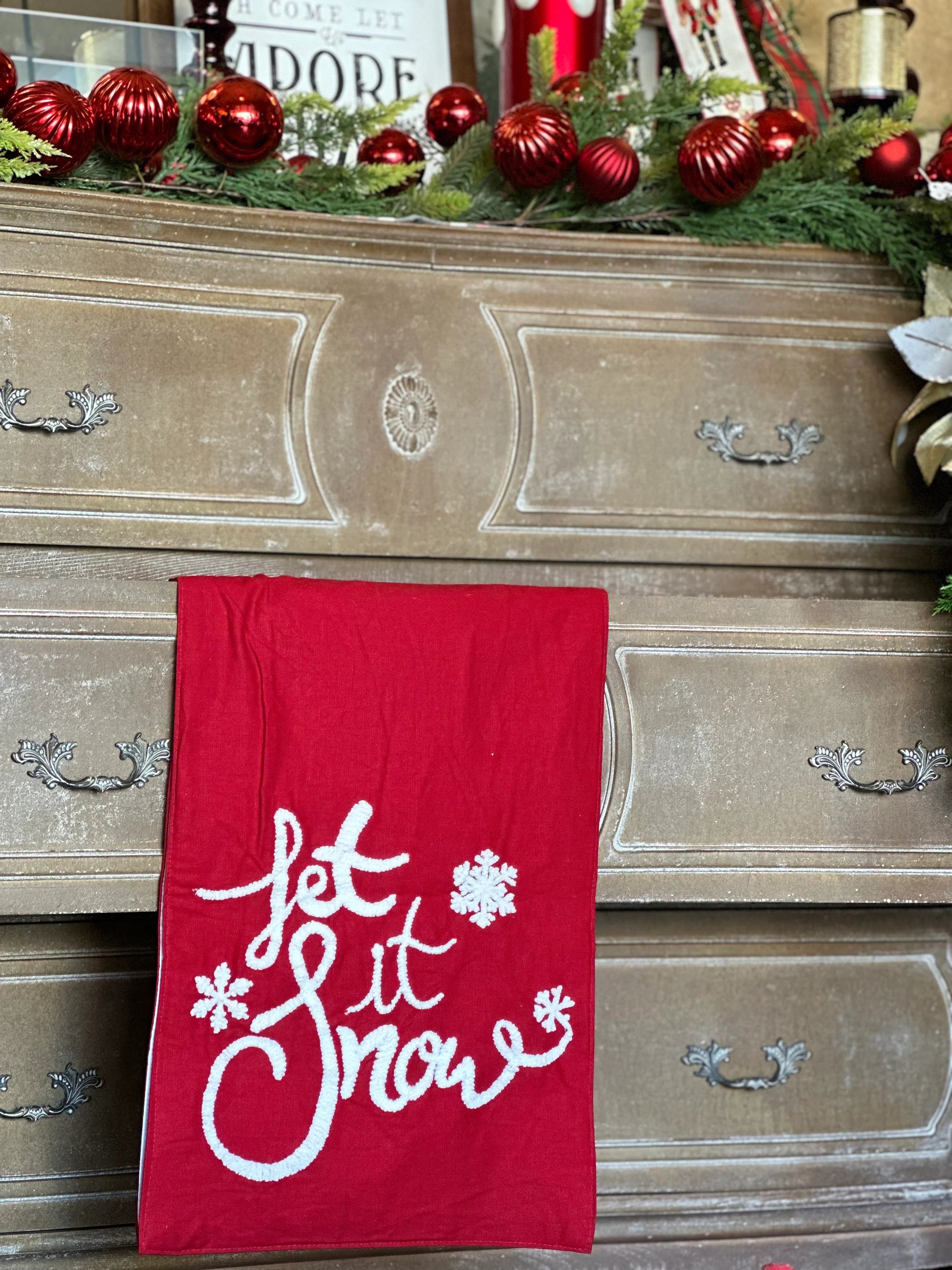 Christmas Let It Snow Red Table Runner