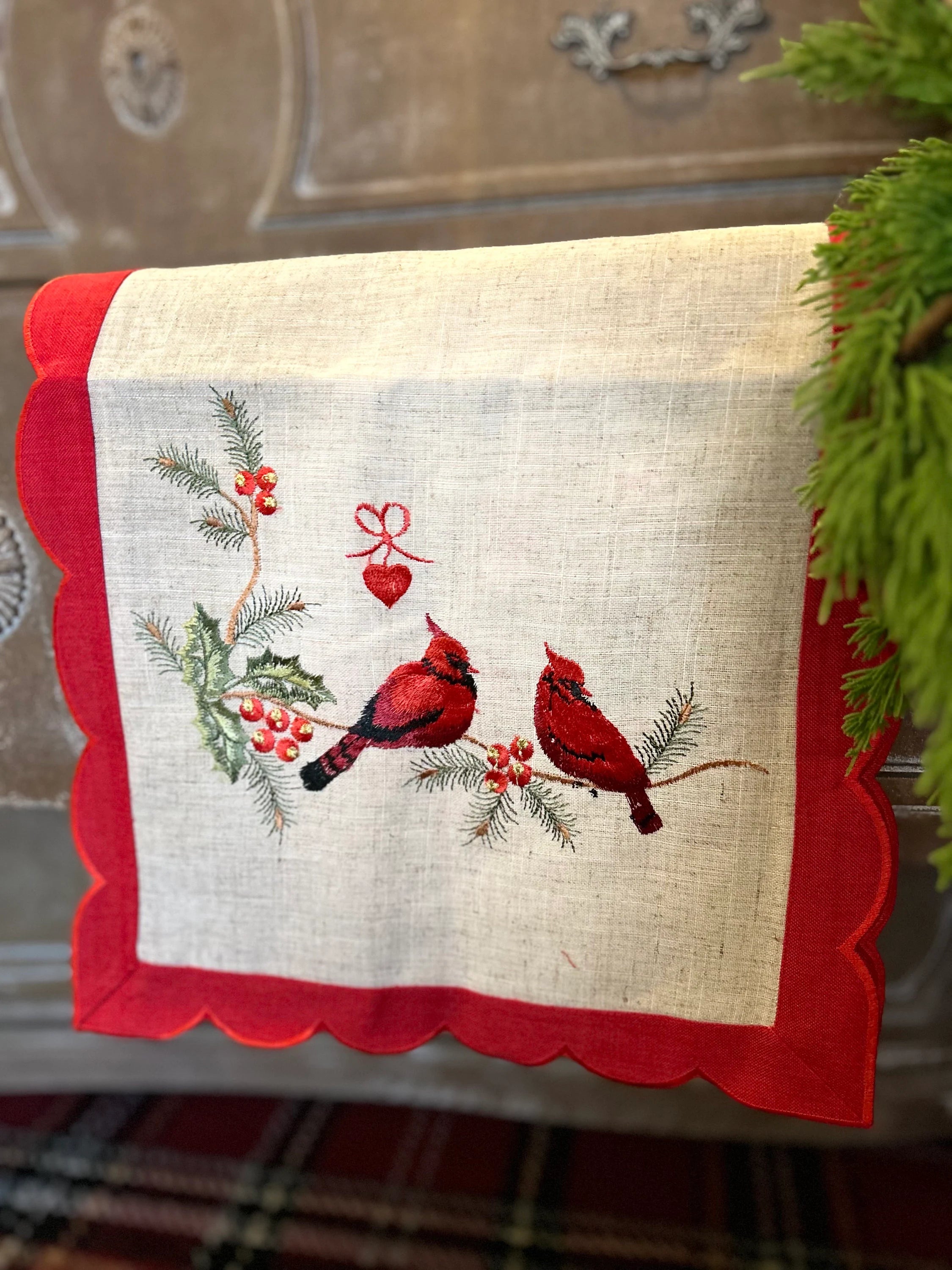 Christmas Linen Burlap With Red Cardinals and Border Table Runner