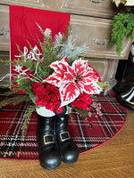 Load image into Gallery viewer, Christmas Red and White Peppermint Poinsettia Arrangement in Resin Black Santa Boots
