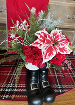 Load image into Gallery viewer, Christmas Red and White Peppermint Poinsettia Arrangement in Resin Black Santa Boots
