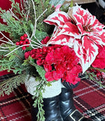 Load image into Gallery viewer, Christmas Red and White Peppermint Poinsettia Arrangement in Resin Black Santa Boots
