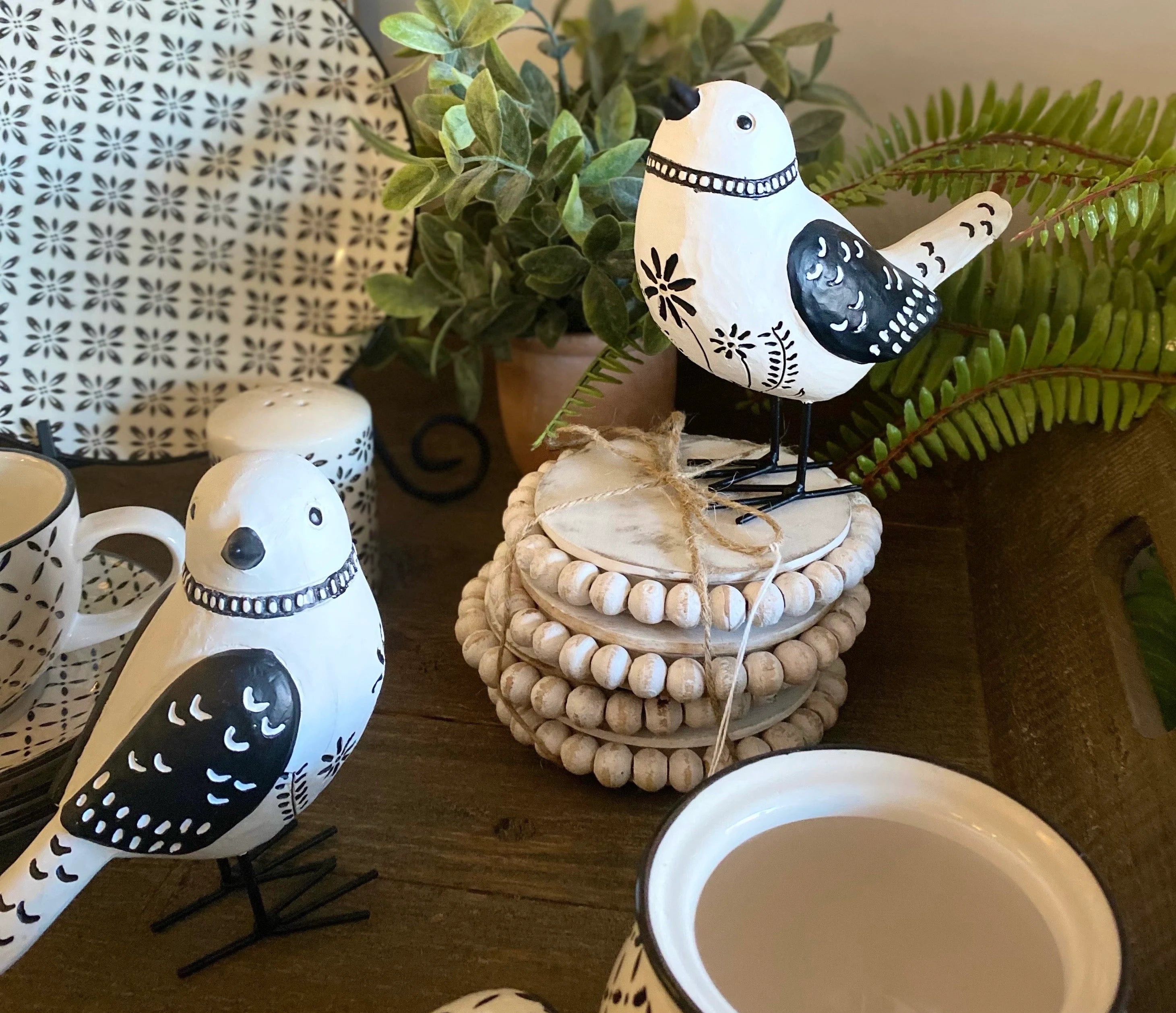 Painted Black and White Folk Art Birds Set of 2