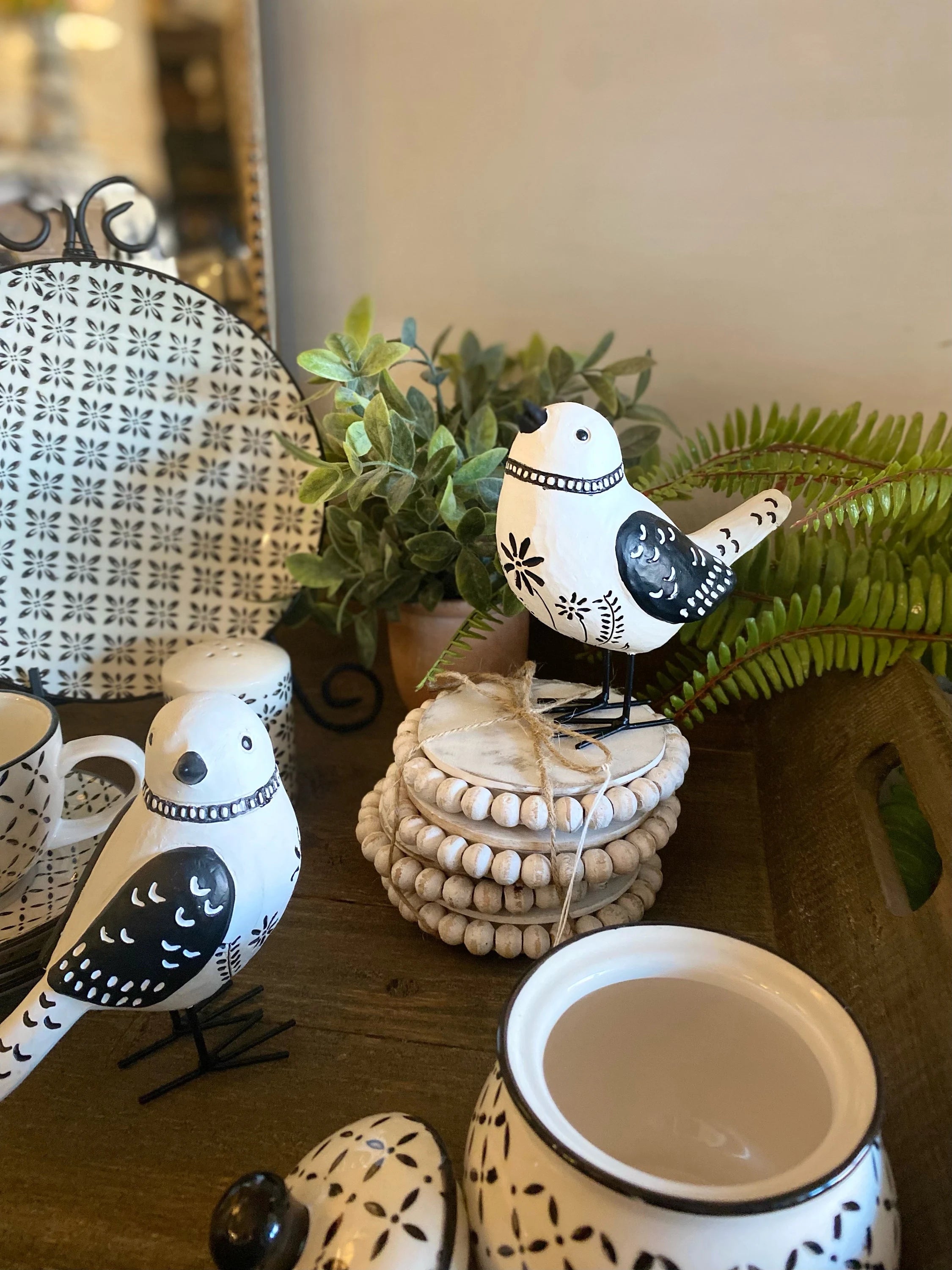 Painted Black and White Folk Art Birds Set of 2